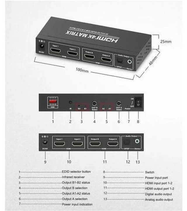 Alt view image 5 of 7 - 4K*2K@60Hz 2x2 HDMI Matrix Switcher 4K HDMI Video Switch SPDIF Stereo Audio Extr