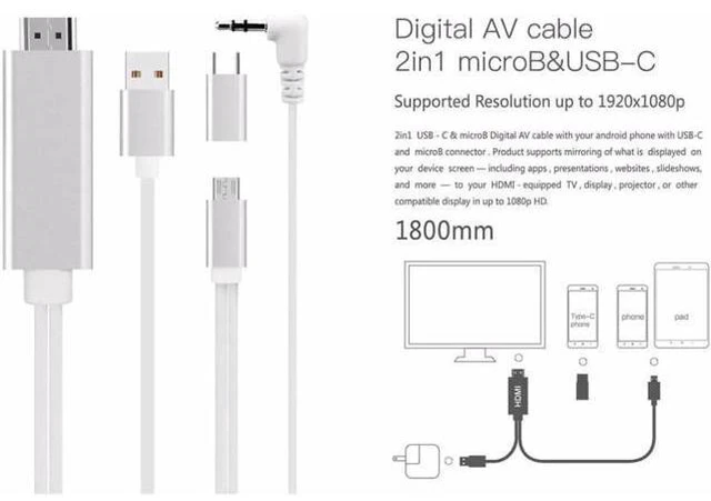 Alt view image 3 of 6 - 2 In 1 Type C and Micro USB To HDTV TV HDMI Adapter Charger Digital AV Cable wit