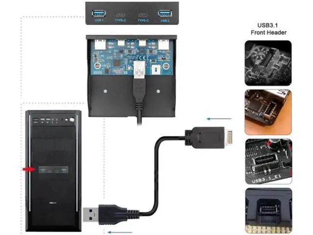 Alt view image 7 of 7 - USB 3.1 Front Panel Header to USB-C & USB 3.0 HUB 4 Ports Front Panel Motherboar