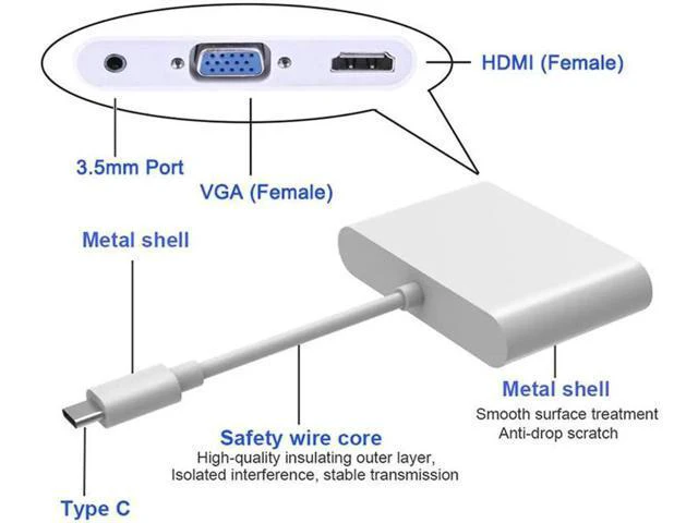 Alt view image 2 of 6 - USB C Type C To HDMI VGA 3.5mm Audio Adapter 3 in 1 USB 3.1 Converter Cable For
