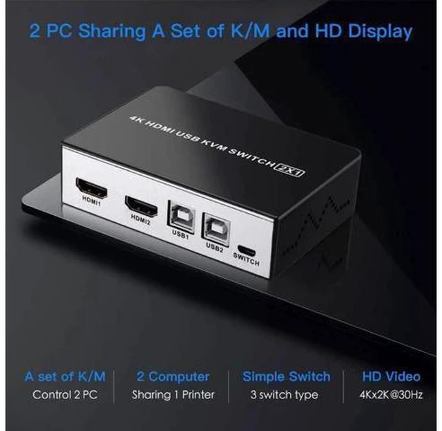 Alt view image 4 of 6 - 4K HDMI USB KVM Switch 2 Port HDMI KVM Selector for 2 Computer Sharing 1 HD Moni