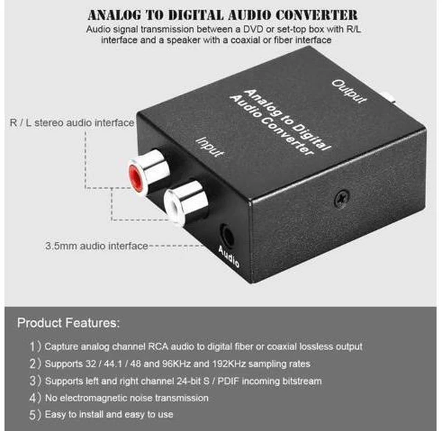 Alt view image 6 of 6 - 3.5mm Analog To Digital Audio Converter Adapter with Power cable SPDIF Coaxial L