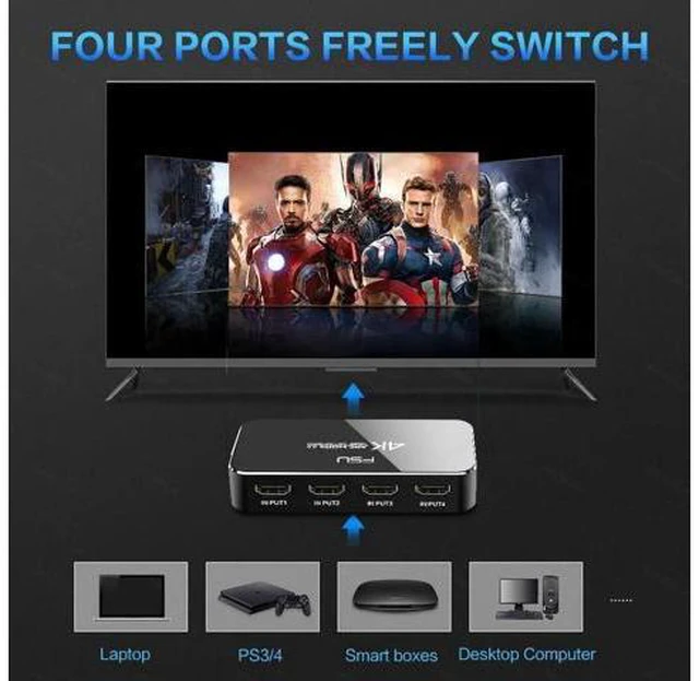 Alt view image 3 of 6 - UHD HDMI Switch 2.0 4K HDR 4x1 Adapter Switcher with Audio Extractor 3.5 jack op