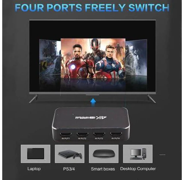 Alt view image 4 of 6 - UHD HDMI Switch 2.0 4K HDR 4x1 Adapter Switcher with Audio Extractor 3.5 jack op