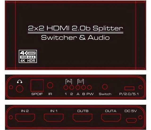 Alt view image 6 of 7 - 4K@60 2 In 2 Out HDMI 2.0 Switcher Splitter 2x 2 HDMI 1x Toslink 1x 3.5mm Jack S