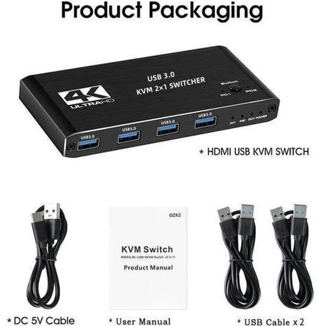 Alt view image 6 of 7 - 4K@60 USB KVM Switch USB 3.0 Switcher HDMI KVM Switch 2 In 1 Out for 2 PC Sharin