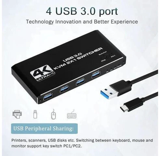 Alt view image 5 of 5 - 4K USB KVM Switch USB 3.0 Switcher HDMI-compatible KVM Switch 2 In 1 Out for 2 P