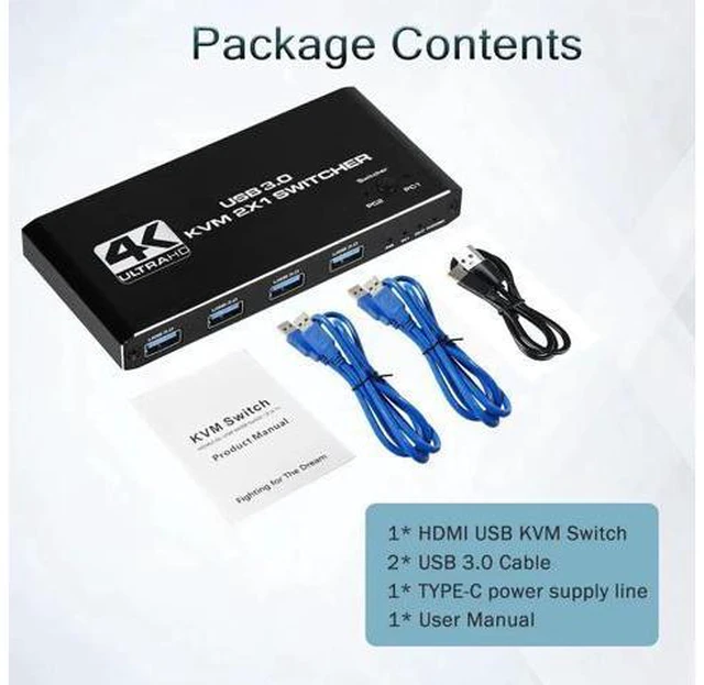 Alt view image 2 of 6 - 4K USB KVM Switch USB 3.0 Switcher HDMI-compatible KVM Switch 2 In 1 Out for 2 P