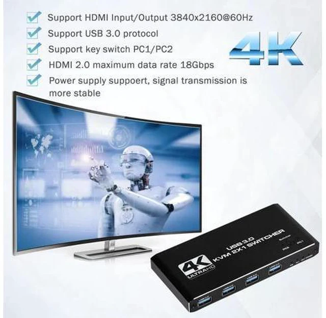 Alt view image 3 of 6 - 4K USB KVM Switch USB 3.0 Switcher HDMI-compatible KVM Switch 2 In 1 Out for 2 P