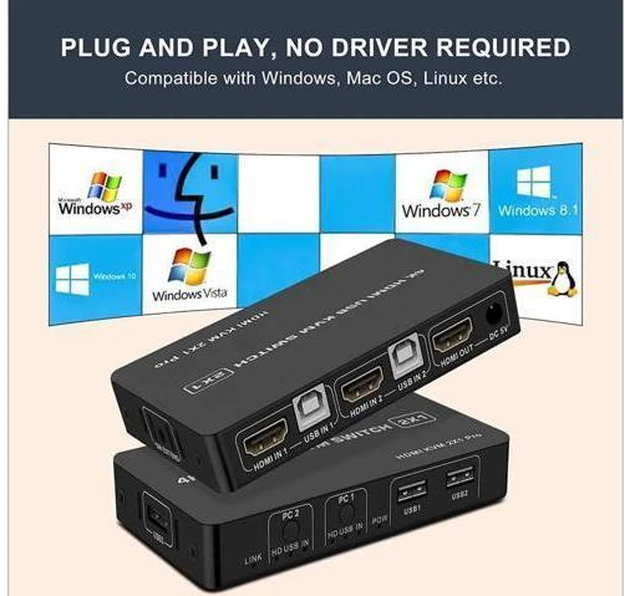 Alt view image 2 of 7 - KVM HDMI USB Switch 2x1, USB Switch 4K HDMI Switcher Box for 2 Computers Share K