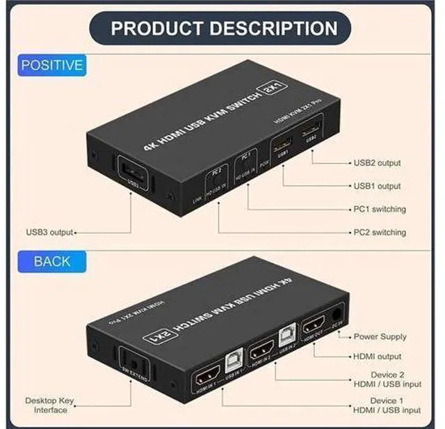 Alt view image 3 of 7 - KVM HDMI USB Switch 2x1, USB Switch 4K HDMI Switcher Box for 2 Computers Share K