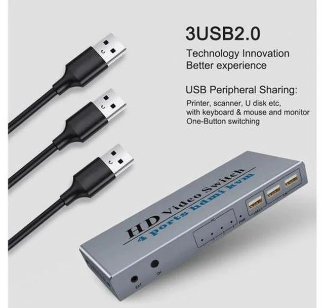 Alt view image 6 of 7 - 4 Ports HDMI KVM Switch 4 IN 1 Out HDMI Switcher Splitter for Sharing Monitor Ke