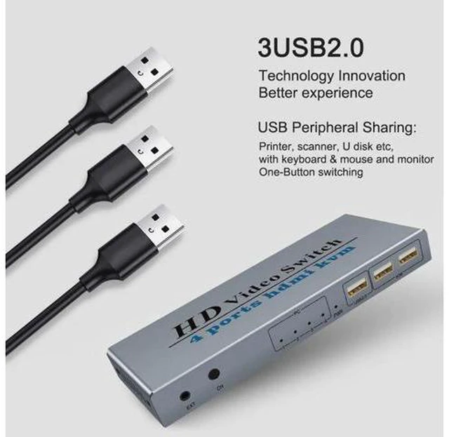 Alt view image 6 of 6 - KVM Switch USB 2.0 Switcher for Printer Monitor Keyboard Mouse 4 PCs Sharing 1 D