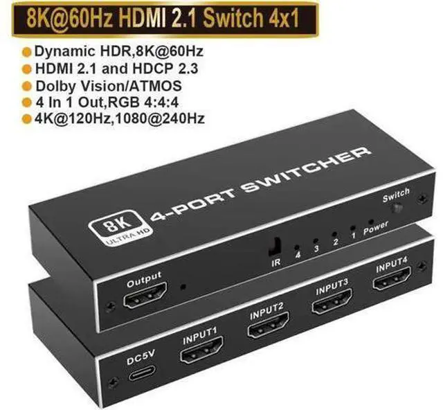 Alt view image 4 of 7 - Switcher 4 in 1 out 8K HDMI Switch 4-port HDMI Source 1 Display Adapter with IR