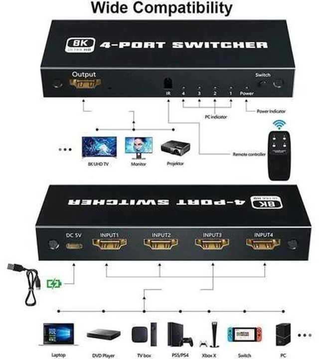 Alt view image 7 of 7 - Switcher 4 in 1 out 8K HDMI Switch 4-port HDMI Source 1 Display Adapter with IR