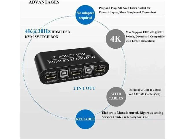 Alt view image 5 of 6 - 4K HDMI-compatible KVM Switch 2-Port USB Manual Switcher Box Keyboard Mouse QW