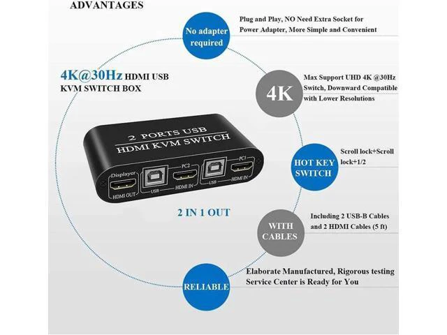 Alt view image 3 of 6 - Switch HDMI 2 Port Box 4K@30Hz & 3D & 1080P Supported, No Power Adapter Required
