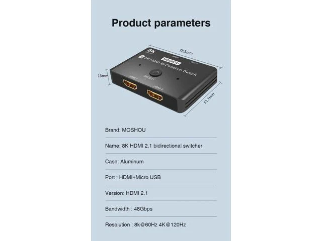 Alt view image 5 of 5 - 8K Bi-Direction HDMI 2.1 Splitter Switch 2 in1 Out / 1 in 2 out 4K@120Hz Ultra H