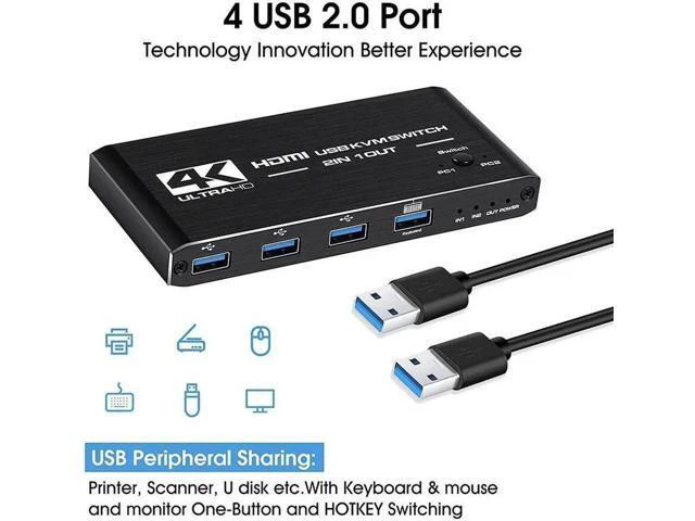 Alt view image 4 of 6 - USB2.0 KVM Switch 4K 60HZ HDMI2.0 2 Input 1Output KVM Switchfor Laptop/PC Keyboa
