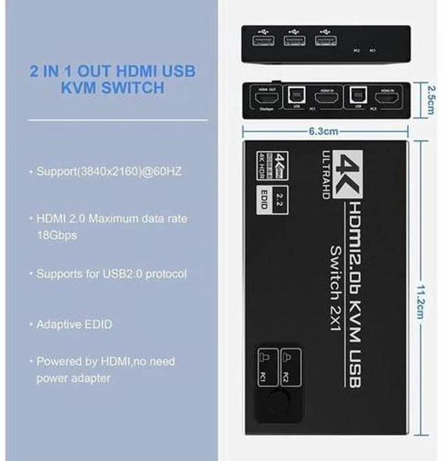 Alt view image 3 of 7 - 2 Port HDMI KVM Switch, USB HDMI Switch 4K, with 3x USB 2.0 Hub, 4K @60Hz 2 in 1