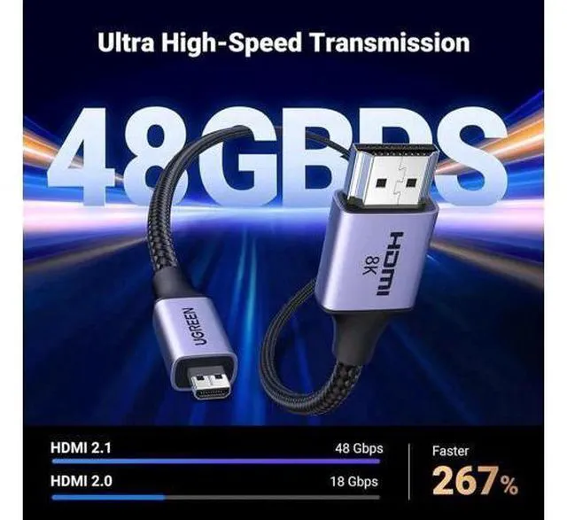 Alt view image 2 of 7 - UGREEN 8K Micro HDMI to HDMI Cable 3.3FT, 2.1 Aluminum Shell Braided 48Gbps Ultr