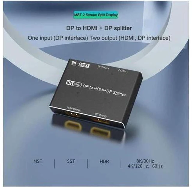 Alt view image 2 of 7 - 8K Displayport to HDMI + DP Splitter DP to HDMI Converter DP 8K@30Hz 4K@120Hz Hi