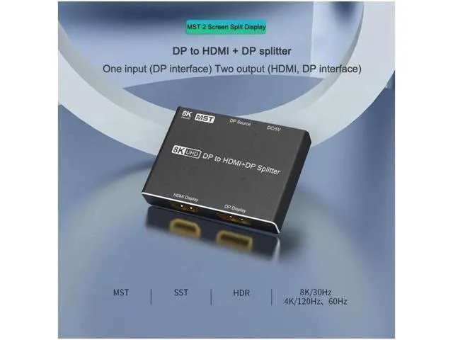 Alt view image 2 of 7 - 8K Displayport to HDMI + DP Splitter DP to HDMI Converter DP 8K@30Hz 4K@120Hz Hi