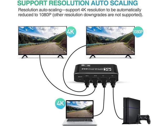 Alt view image 2 of 7 - Matrix 2x2, 4K@60Hz HDMI Matrix Switcher 2 in 2 Out with Optical & L/R Audio Ext
