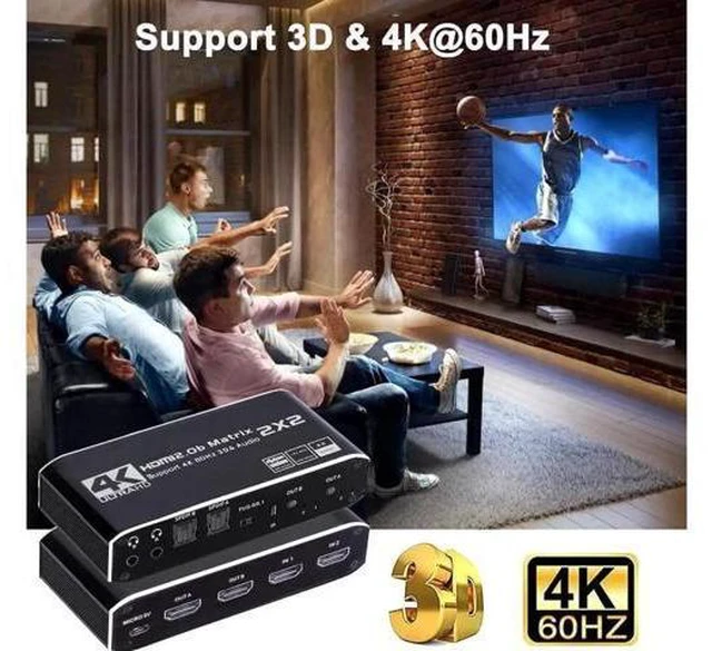 Alt view image 4 of 7 - Matrix 2x2, 4K@60Hz HDMI Matrix Switcher 2 in 2 Out with Optical & L/R Audio Ext