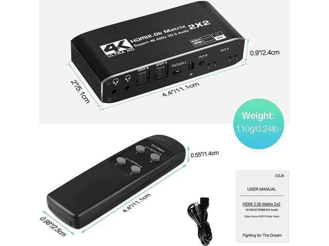 Alt view image 7 of 7 - Matrix 2x2, 4K@60Hz HDMI Matrix Switcher 2 in 2 Out with Optical & L/R Audio Ext