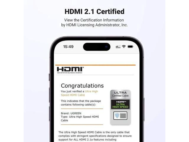 Alt view image 5 of 7 - UGREEN 8K HDMI 2.1 Cable Certified 16FT, 10K Ultra High Speed HDMI Cord 4K 240Hz