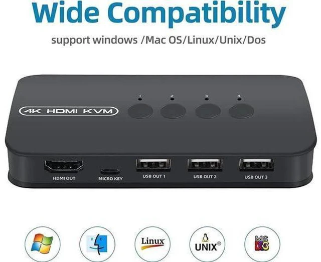 Alt view image 4 of 6 - 4 Ports HDMI KVM Switch, HDMI USB Selector for 4 Computers Share Keyboard Mouse