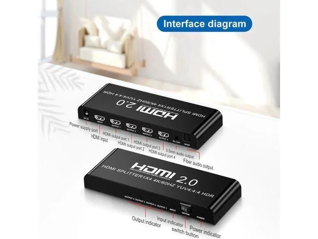 Alt view image 5 of 7 - 4K@60fs HDMI Splitter 1x4 HDMI 2.0 Splitter 4 Display (Same Time) 3.5mm Audio Ou