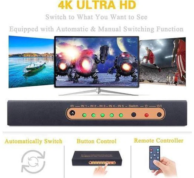 Alt view image 5 of 7 - 5 Ports HDMI Switch 4K, 5x1 HDMI Splitter Switch 5 In 1 Out HDMI Switcher with I