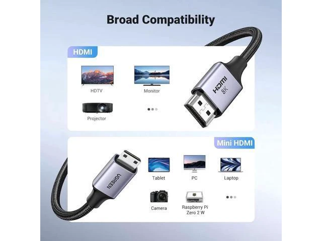 Alt view image 4 of 7 - UGREEN 8K Mini HDMI to HDMI Cable 6.6FT Aluminum Braided 8K@60Hz 4K@240Hz Bidire