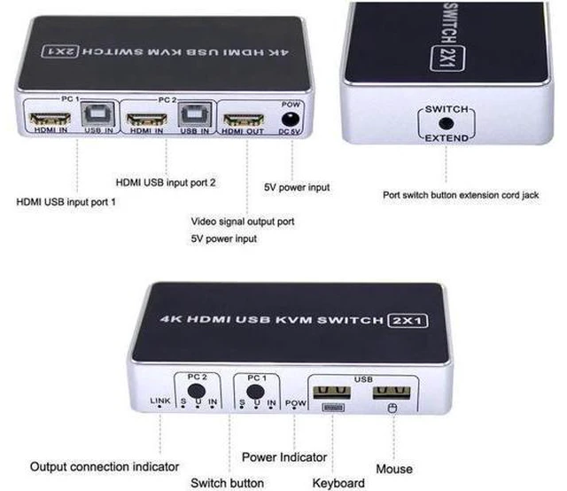 Alt view image 3 of 7 - 4K HDMI KVM Switch 2 In 1 Out Two Computers 2 Ports Hosts Share Mouse Keyboard M