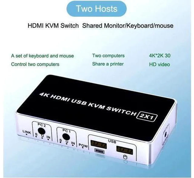 Alt view image 2 of 7 - 4K HDMI KVM Switch 2 In 1 Out Two Computers 2 Ports Hosts Share Mouse Keyboard M
