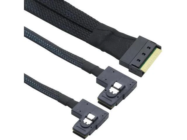 Alt view image 2 of 6 - Anti-Misplug PCIe Slimline SAS SFF-8654 8i to Dual SAS SFF-8087 Right-Angle Serv