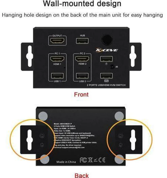 Main image of Wall-Mounted 2 In 1 Out USB HD KVM Switch Box for 2PC Sharing Keyboard Mouse Pri