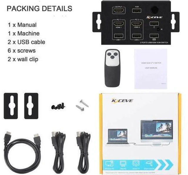 Alt view image 3 of 5 - Wall-Mounted 2 In 1 Out USB HD KVM Switch Box for 2PC Sharing Keyboard Mouse Pri