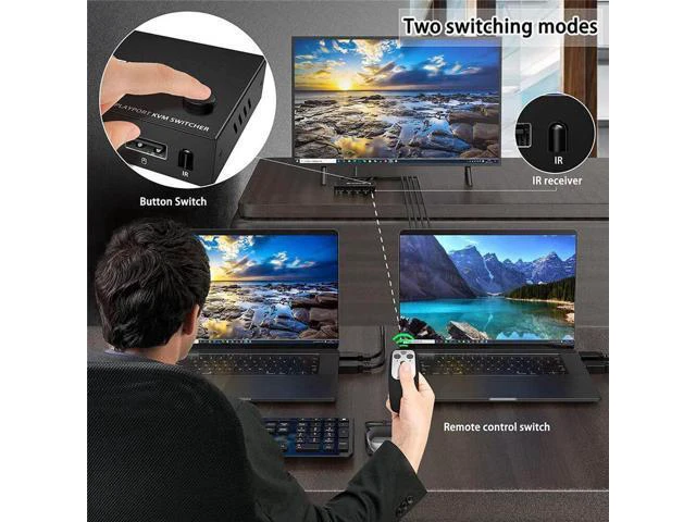 Alt view image 2 of 6 - 2 In 1 Out DP 4K 60Hz KVM Switch PC Dual Monitor Switcher Adapter Shared Printer