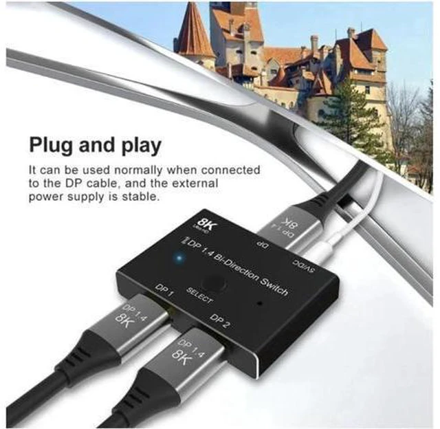 Alt view image 3 of 7 - 8K DP 1.4 Splitter Switch 2 Ports Bi-Direction 8K@60Hz 4K@144Hz Converter Ultra