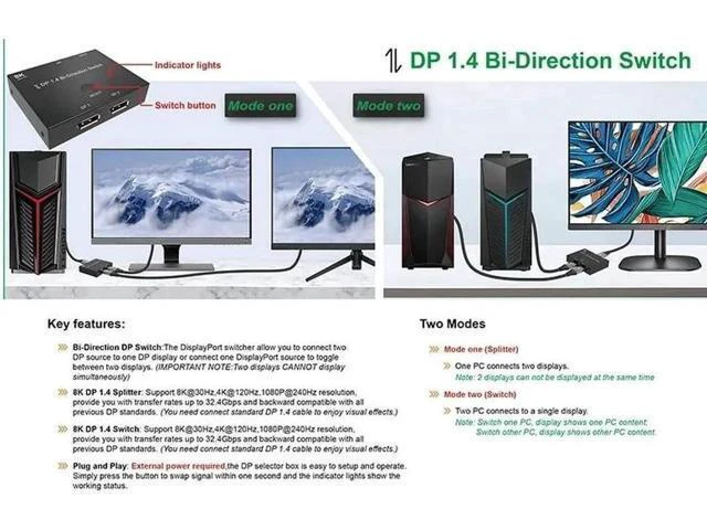 Alt view image 6 of 6 - 1.4 Bi-Direction Switch Splitter 1X2 or 2x1 DP 1.4 KVM 8K@30Hz 4K@144Hz for Mult