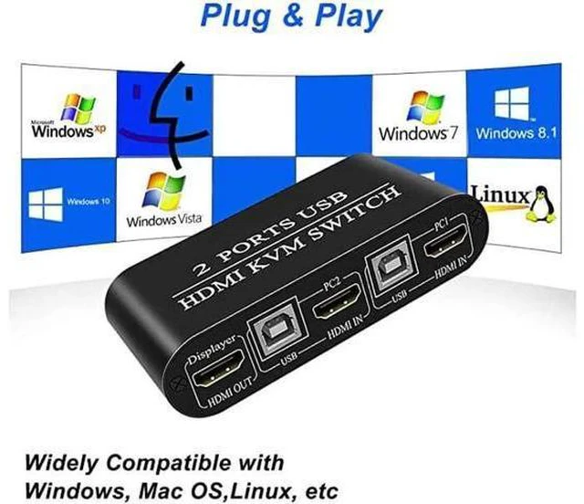 Alt view image 6 of 6 - KVM Switch 2 Port Box Share 2 PCs with One Monitor 4K@30Hz with USB2.0 Support K