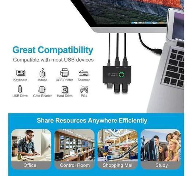 Alt view image 7 of 7 - USB 3.0 Switch Selector, USB3.0 2 in 4 Out for 2 Computers Share 4 Port USB KVM