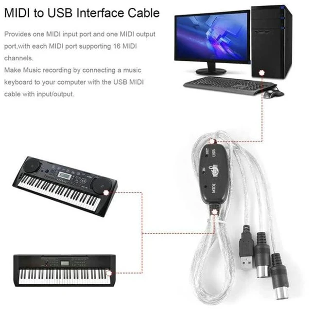 Alt view image 5 of 6 - USB MIDI Cable Adapter, 2m, USB MIDI Interface Converter, 16 Channels, Red, Plas