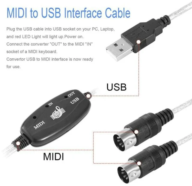 Alt view image 6 of 6 - USB MIDI Cable Adapter, 2m, USB MIDI Interface Converter, 16 Channels, Red, Plas