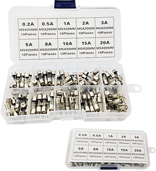 Main image of 100Pcs Glass Fuse Fine Fuses Assortment Car Glass Tube Fuses 0.2A-20A, 5x20mm, S