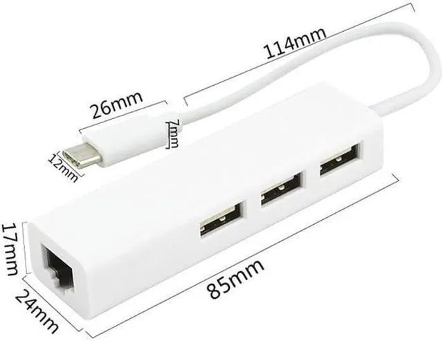 Alt view image 2 of 6 - USB C to 3 x USB A and RJ45 Ethernet LAN Adapter Hub Cable Mac USB-C Network for