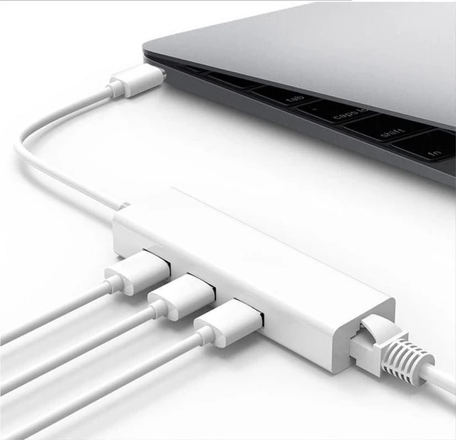 Alt view image 6 of 6 - USB C to 3 x USB A and RJ45 Ethernet LAN Adapter Hub Cable Mac USB-C Network for